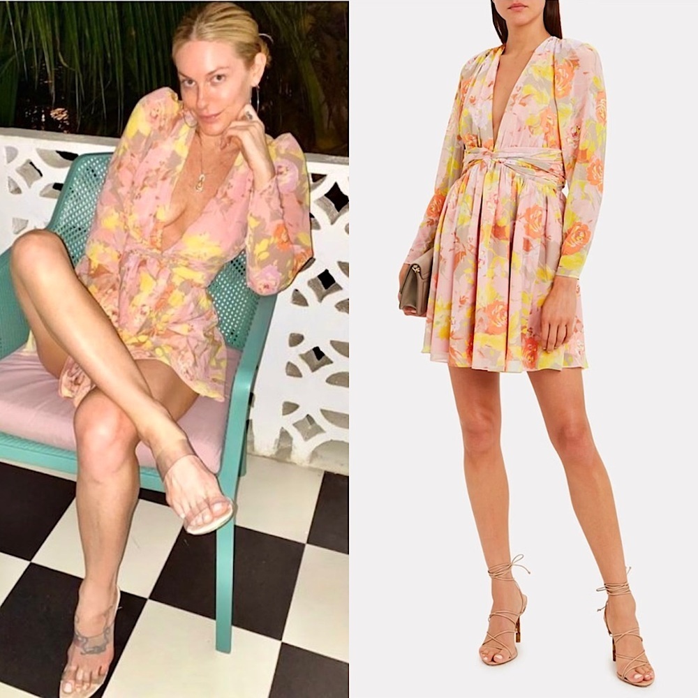 RONNY KOBO Floral Chiffon Puff Long Sleeve Pleated V-Neck Open Back Tie Dress XS